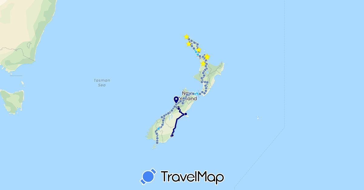 TravelMap itinerary: driving, plane, cycling, boat in Canada, New Zealand (North America, Oceania)