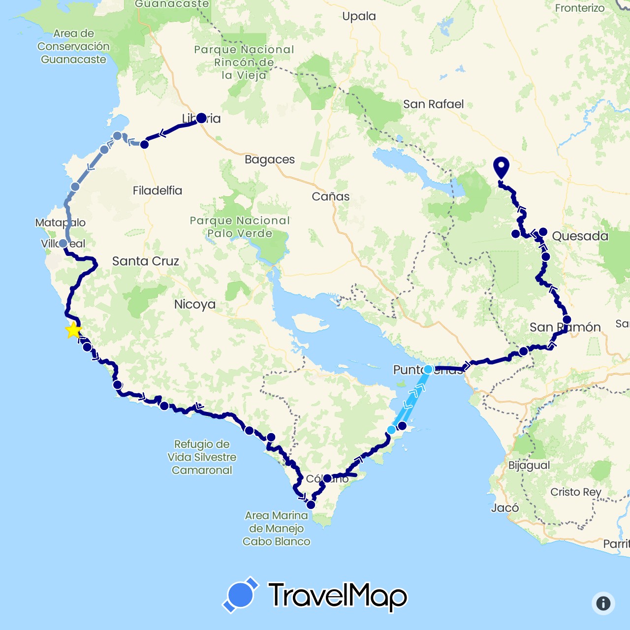 TravelMap itinerary: driving, cycling, boat in Costa Rica (North America)