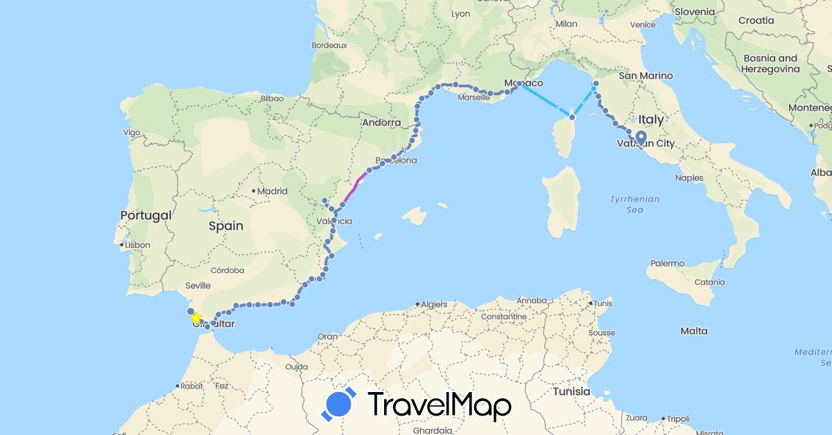 TravelMap itinerary: cycling, train, boat in Spain, France, Gibraltar, Italy (Europe)