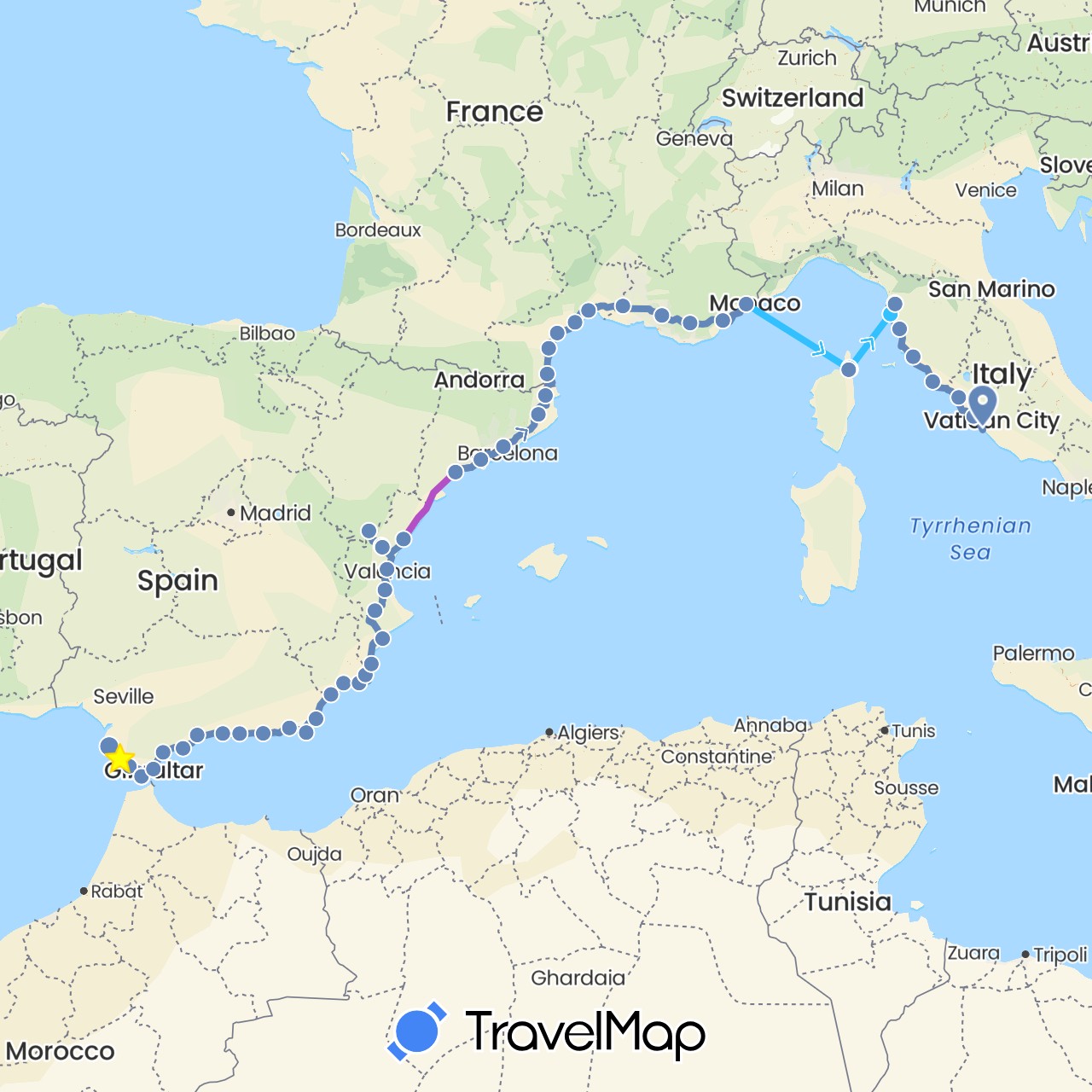 TravelMap itinerary: cycling, train, boat in Spain, France, Gibraltar, Italy (Europe)