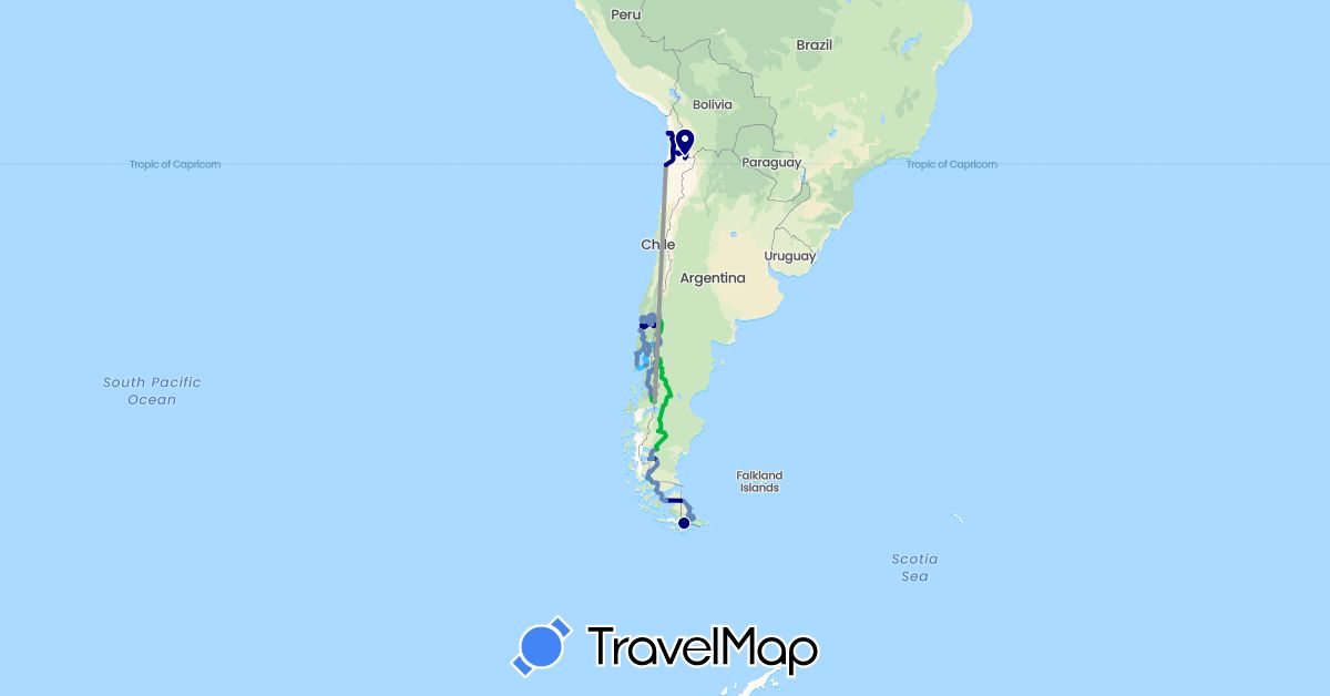 TravelMap itinerary: driving, bus, plane, cycling, hiking, boat in Argentina, Brazil, Canada, Chile, United States (North America, South America)