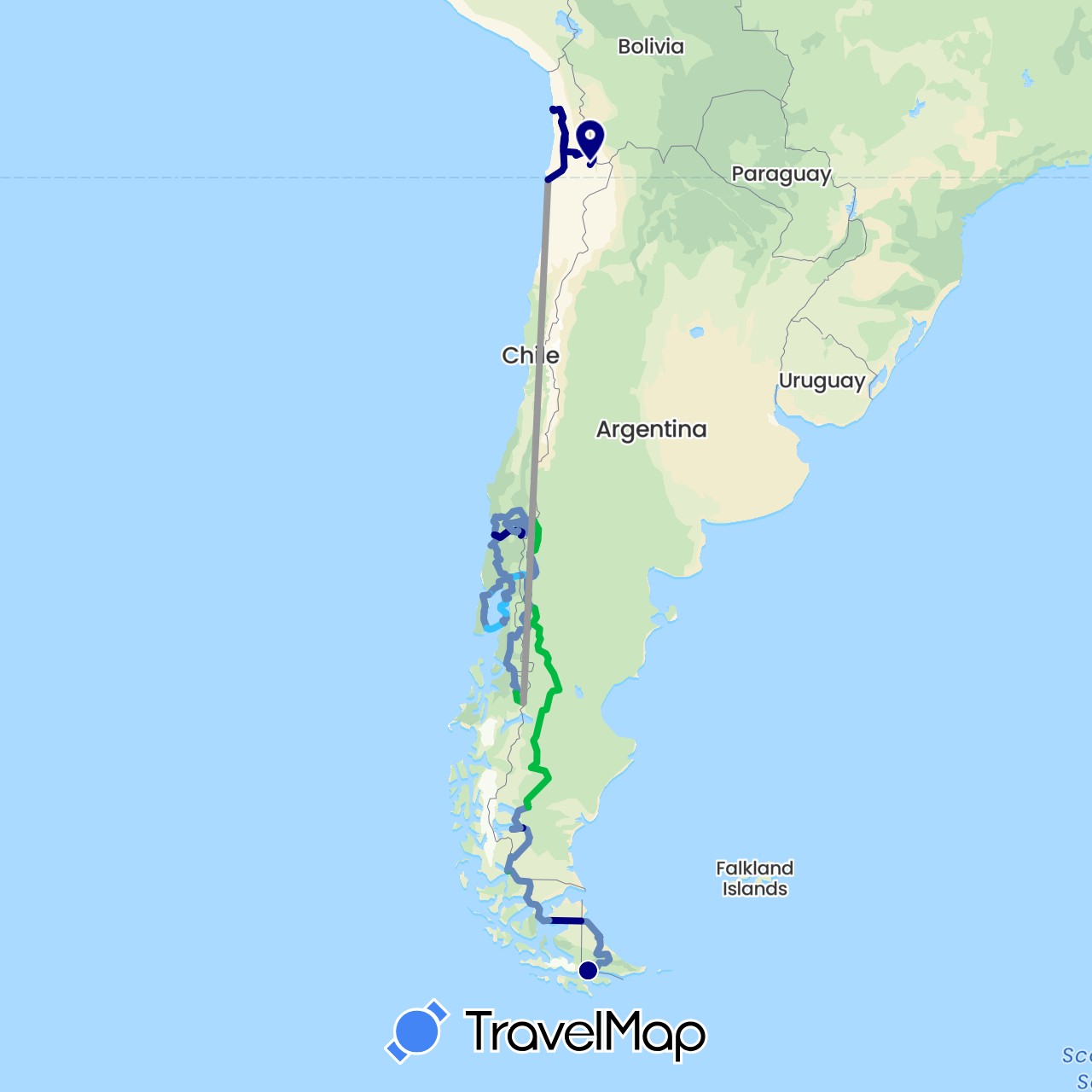 TravelMap itinerary: driving, bus, plane, cycling, hiking, boat in Argentina, Brazil, Canada, Chile, United States (North America, South America)
